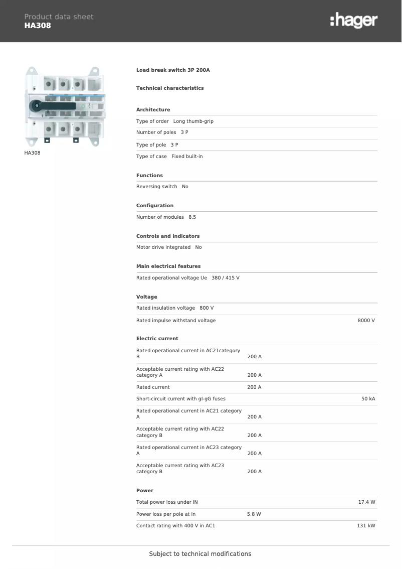 Page n°1 - Fiche technique Hager HA308
