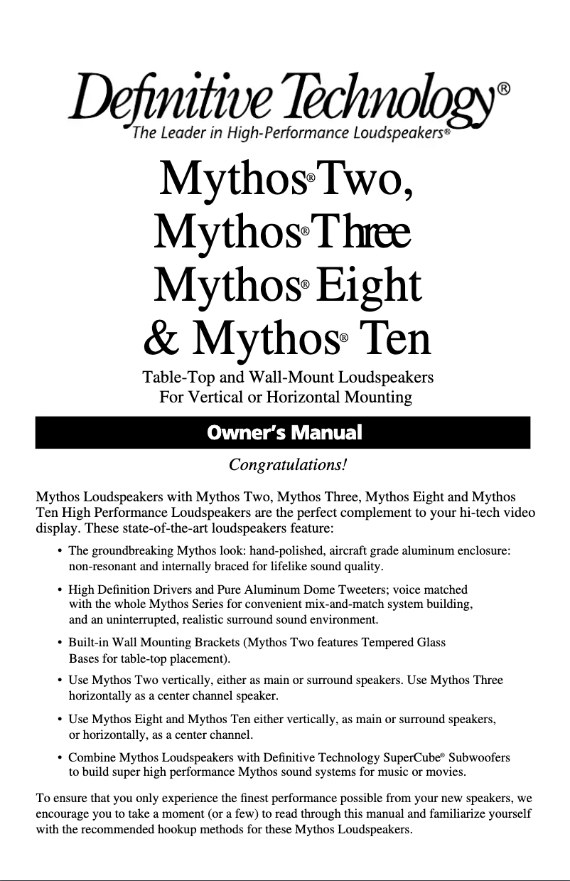 Page n°1 - Manuel utilisateur Definitive Technology Mythos Eight