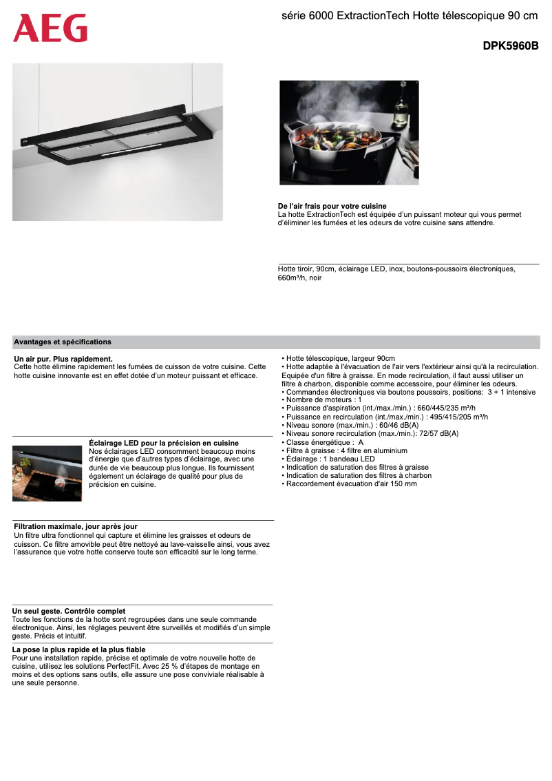 Page 1 de la notice Fiche technique AEG DPK5960B