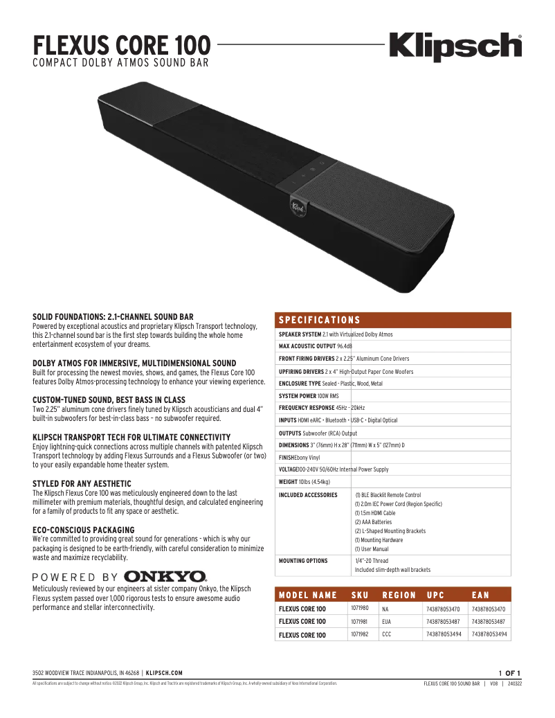 Page 1 de la notice Fiche technique Klipsch Flexus Core 100
