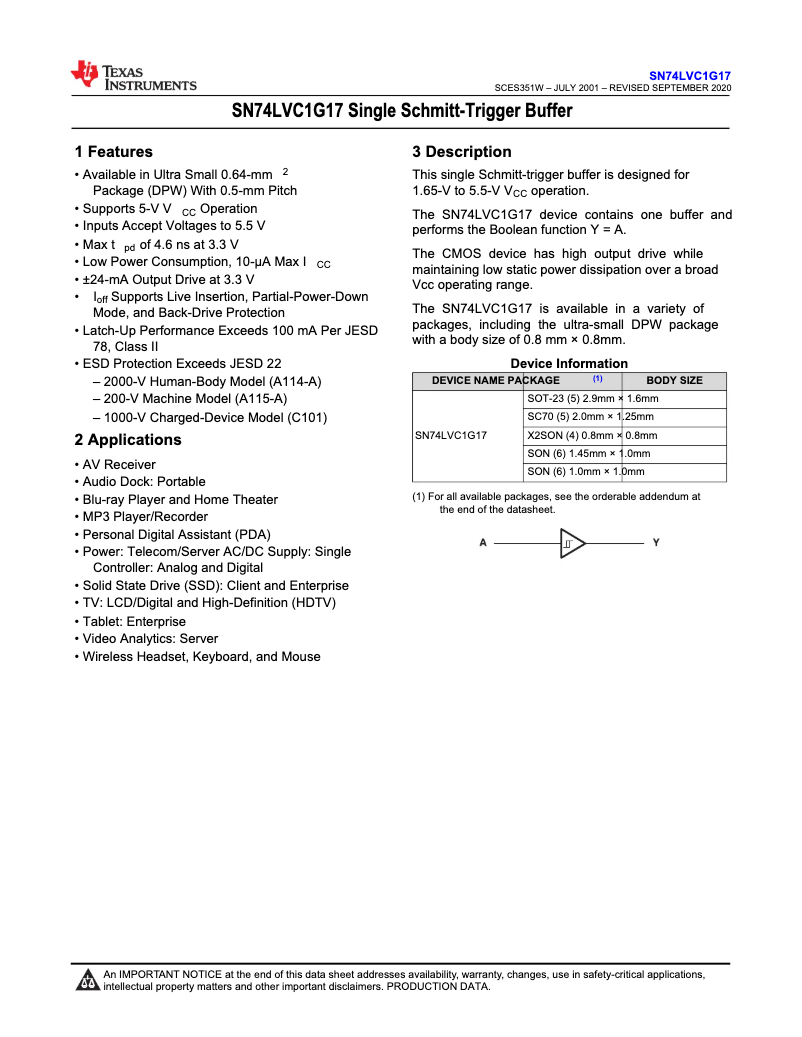 Page 1 de la notice Manuel utilisateur Texas Instruments SN74LVC1G17DBVT