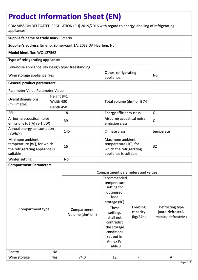 Page n°1 - Fiche technique Emerio WC-127562