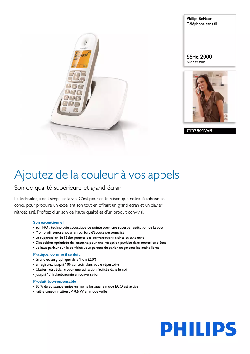 Page 1 de la notice Fiche technique Philips BeNear CD2901WB