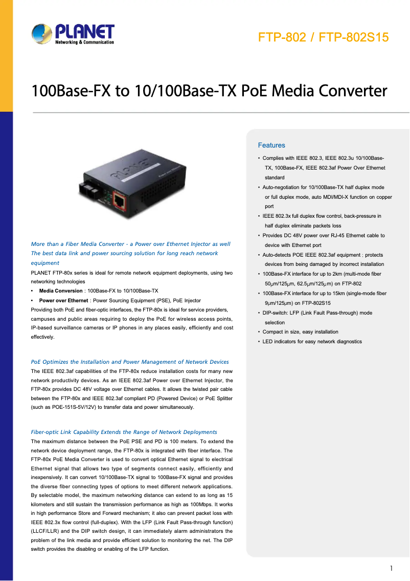 Page n°1 - Fiche technique Planet FTP-802S15