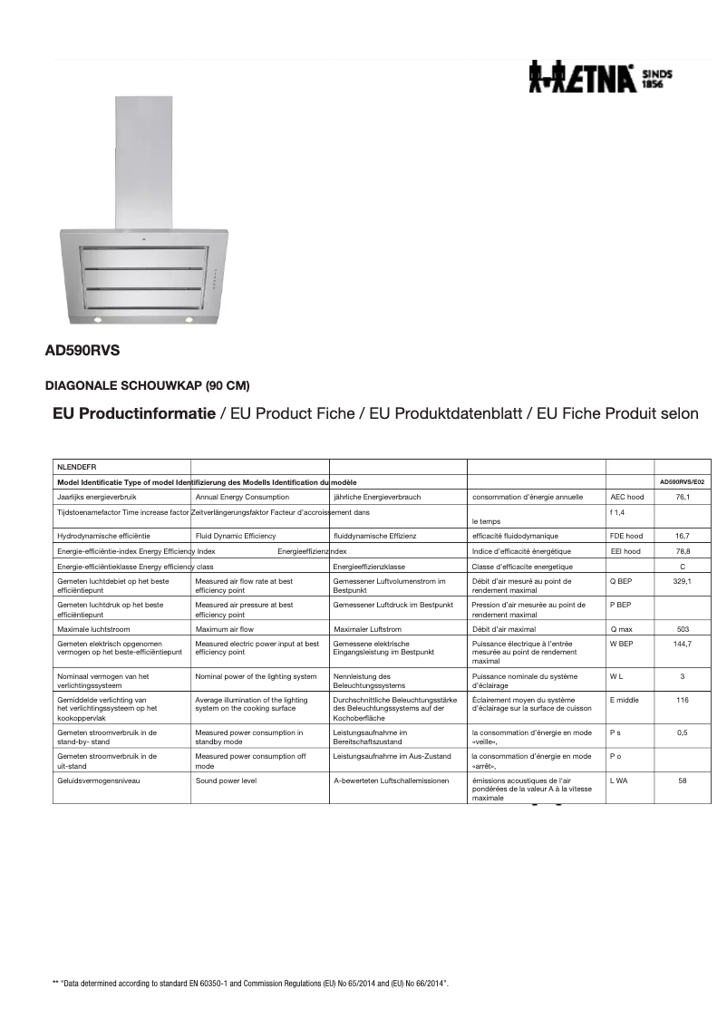 Page 1 de la notice Fiche technique Etna AD590RVS