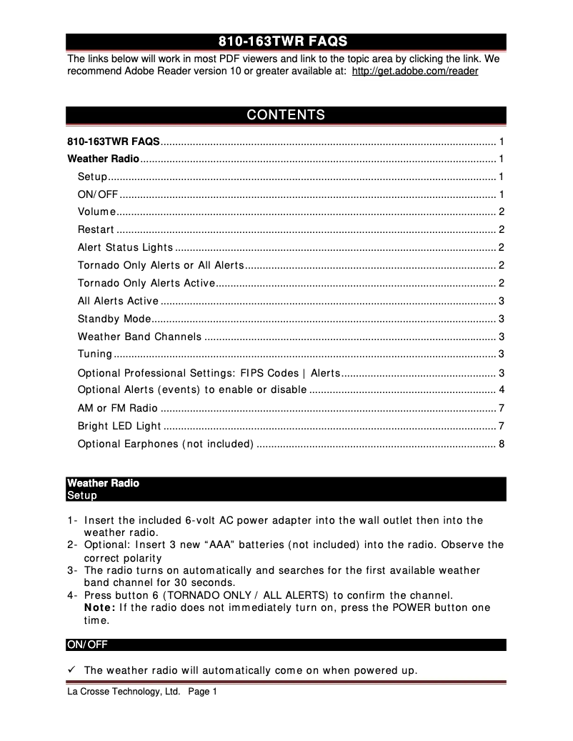 Page 1 de la notice FAQ La Crosse Technology 810-163TWR