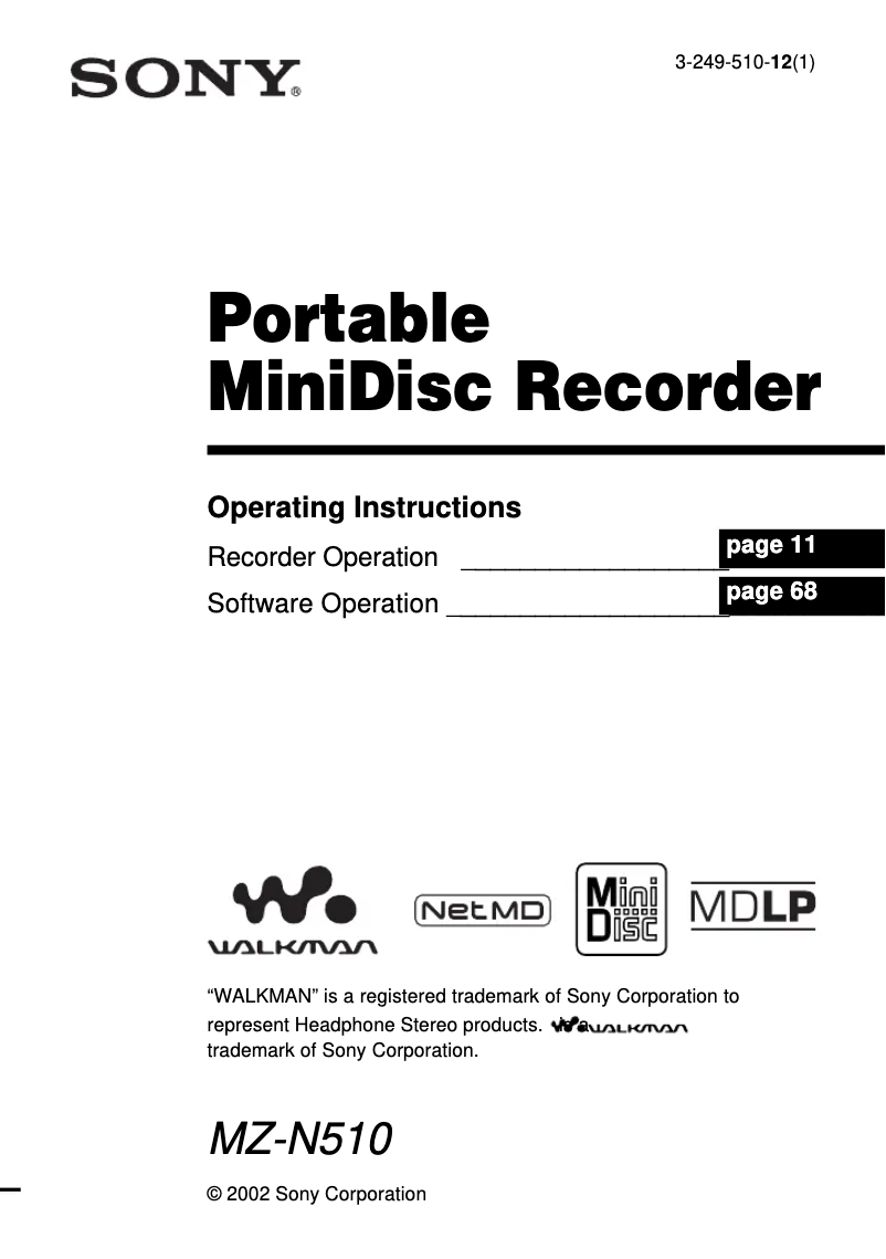 Page n°1 - Manuel utilisateur Sony Walkman MZ-N510