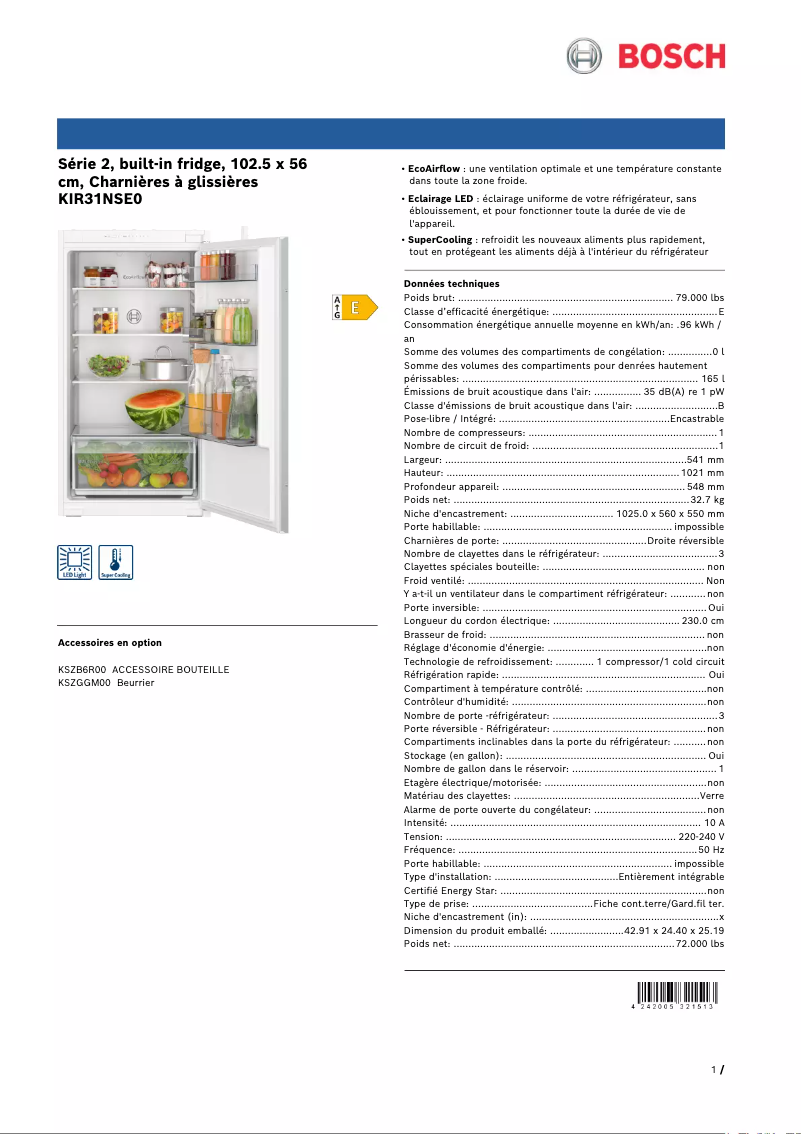 Página 1 del manual Ficha técnica Bosch KIR31NSE0