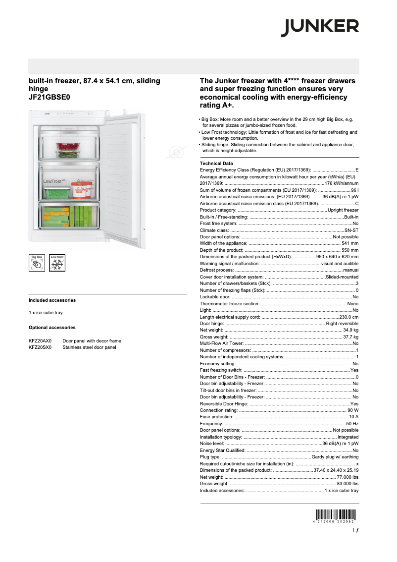 Page 1 de la notice Fiche technique Junker JF21GBSE0