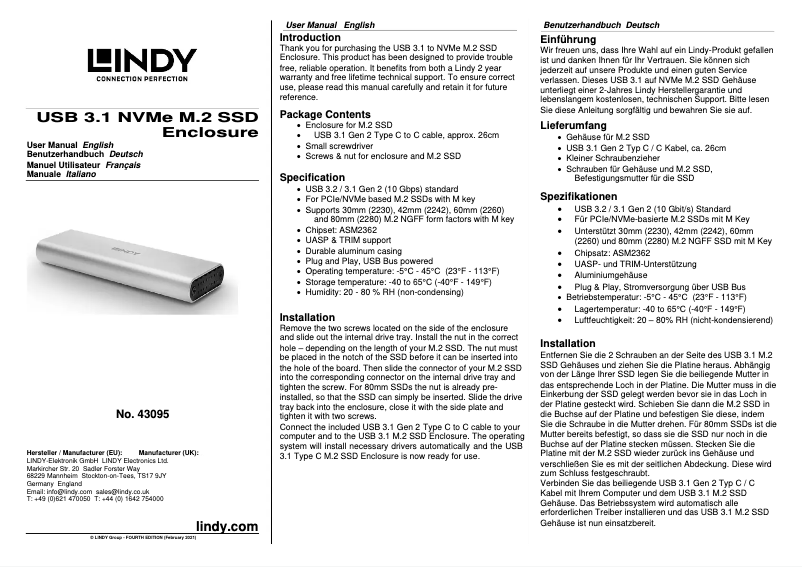 Page n°1 - Manuel utilisateur Lindy 43095