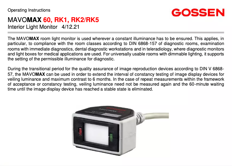 Page 1 de la notice Manuel utilisateur Gossen MAVOMAX RK1