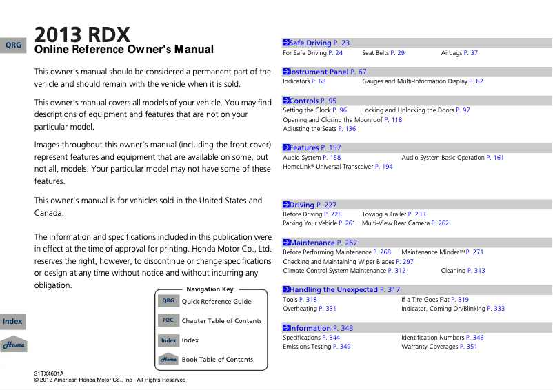 Imagen de la primera página del manual del dispositivo Acura RDX (2013)