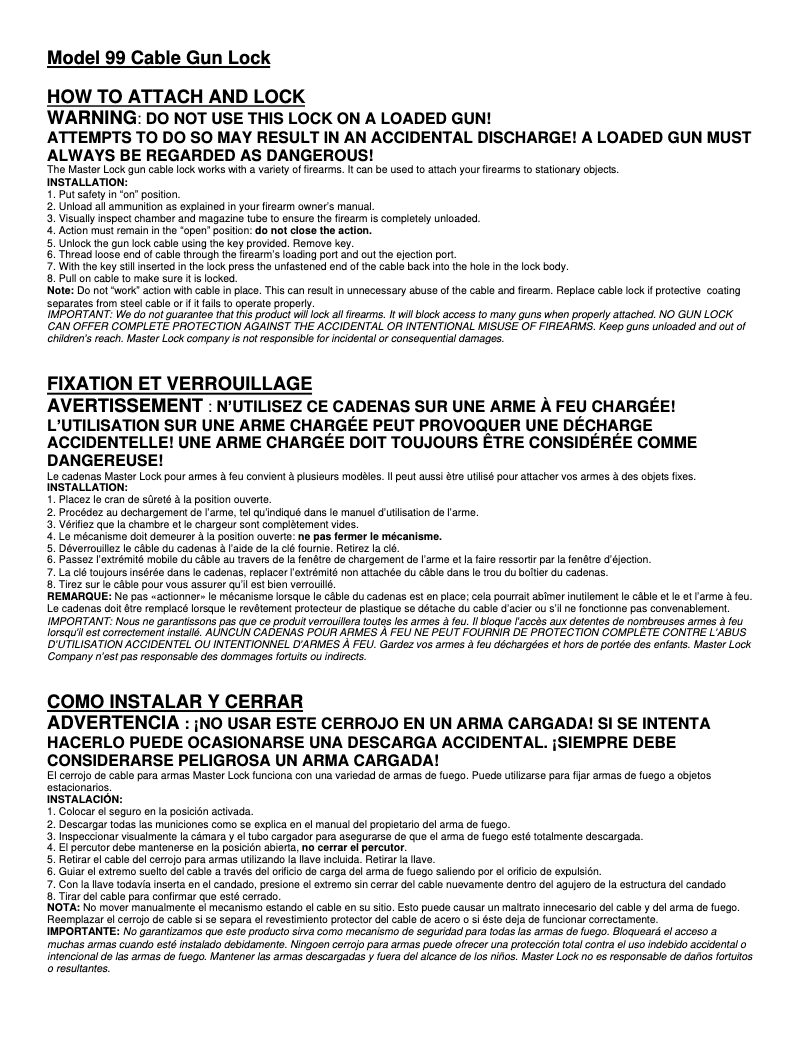 Page n°1 - Manuel utilisateur Master Lock 99