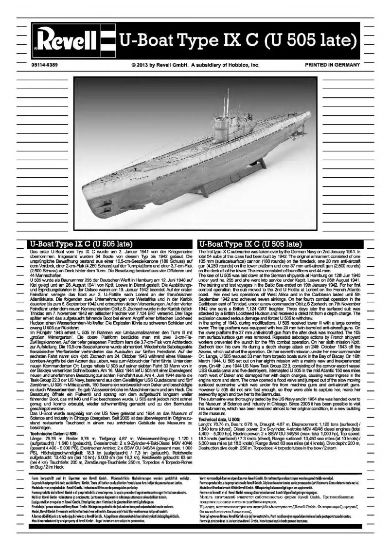 Page n°1 - Manuel utilisateur Revell U-505 Type IX C