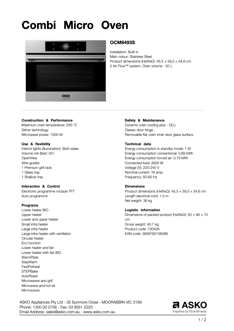 Page 1 de la notice Fiche technique Asko OCM8493S