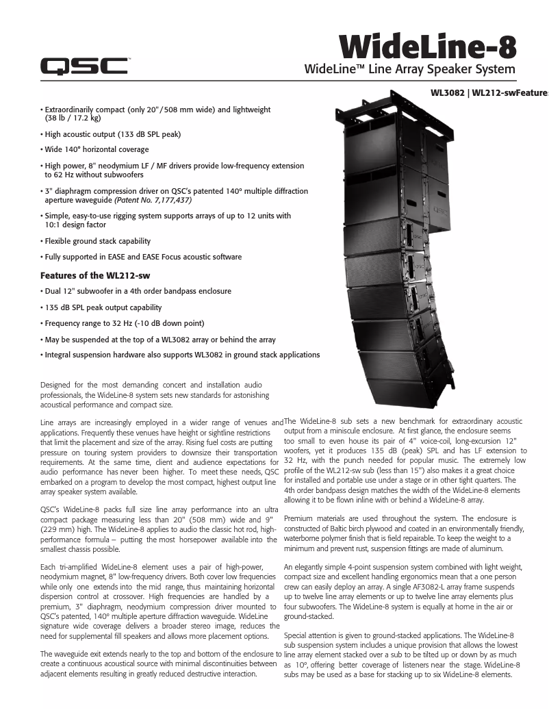 Page 1 de la notice Fiche technique QSC Wideline 8 WL212-sw