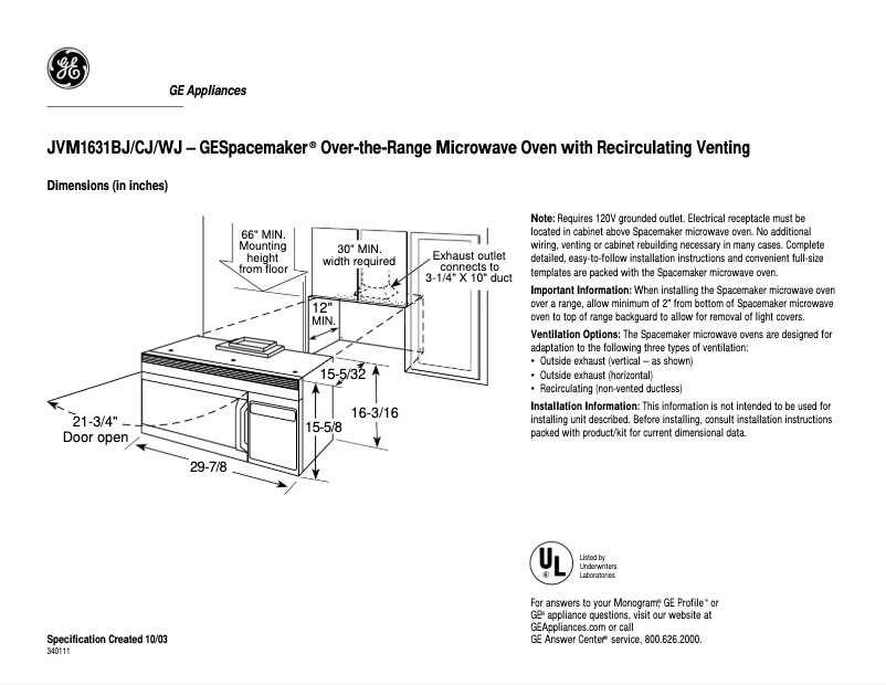 Page n°1 - Fiche technique GE JVM1631CJ