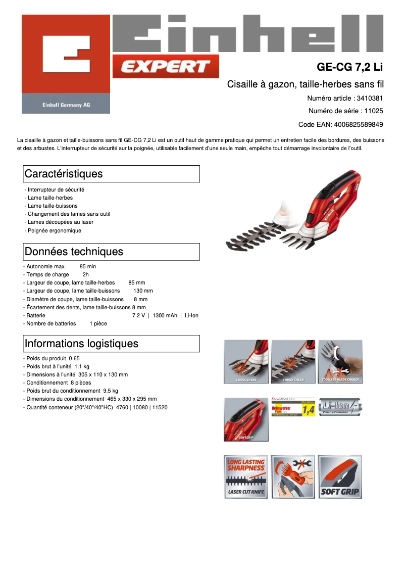 Page 1 de la notice Fiche technique Einhell GE-CG 7,2 Li