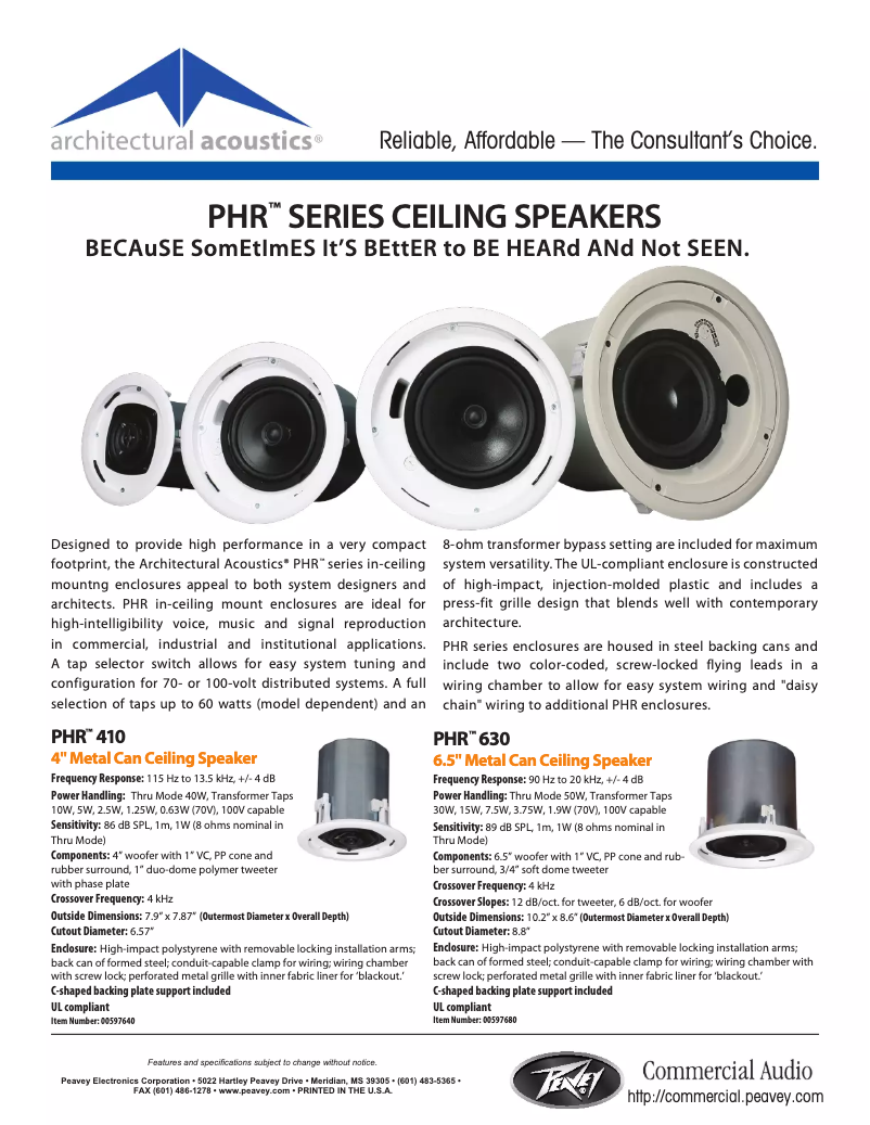 Page 1 de la notice Fiche technique Peavey PHR 410