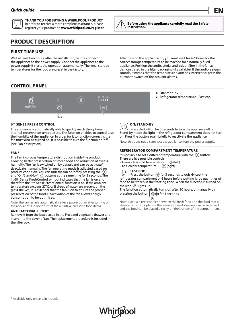 Page 1 de la notice Manuel utilisateur Whirlpool ART 228/80 A+/SF