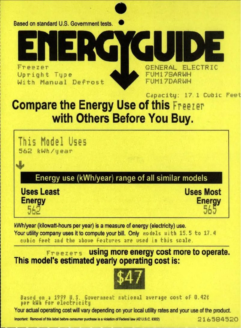 Page 1 of the manual Energy Label GE FUM17SARWH