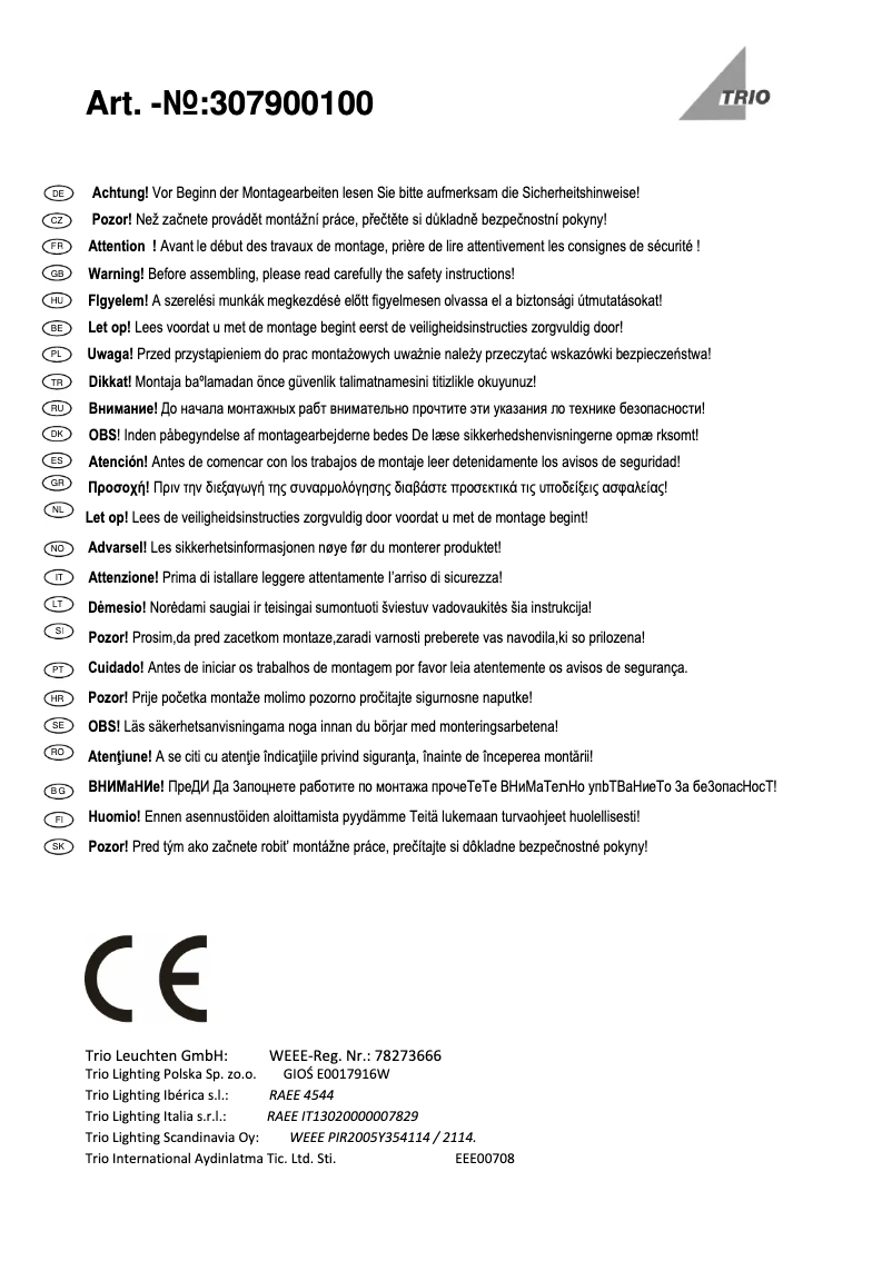 Page 1 de la notice Manuel utilisateur Trio Lighting Sweety 307900100