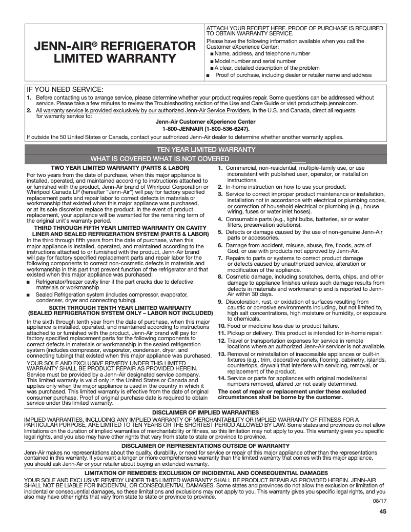 Page 1 of the manual Warranty Information JennAir JFFCC72EFP