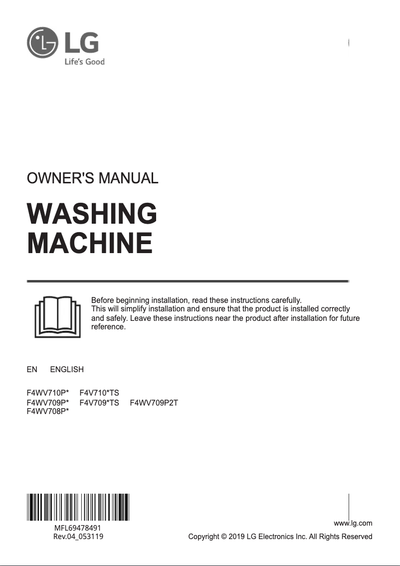 Page 1 de la notice Manuel utilisateur LG F4WV709P1 TurboWash