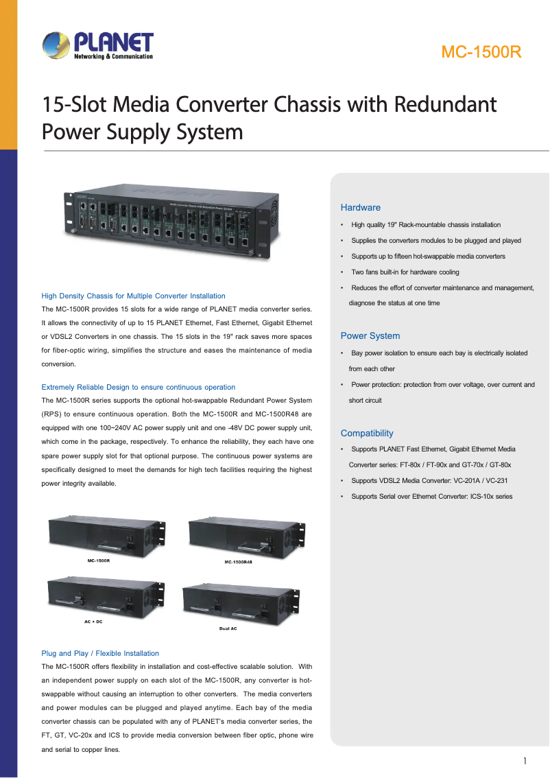 Page 1 de la notice Fiche technique Planet MC-1500R