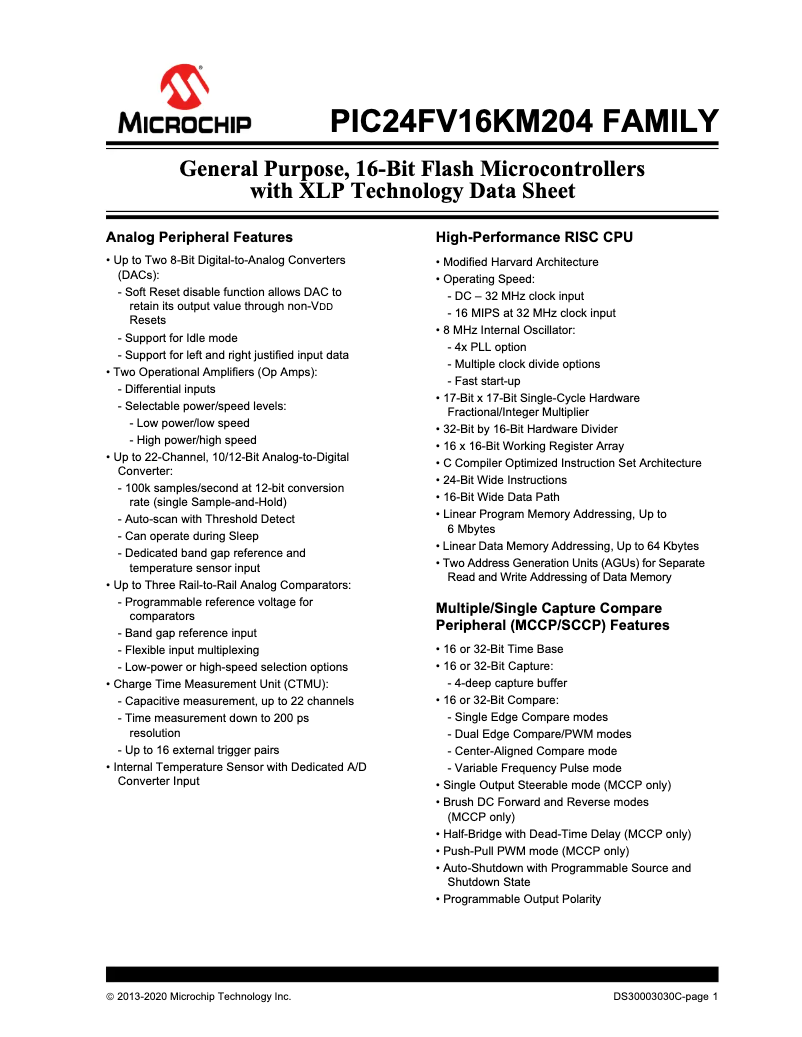 Page 1 de la notice Fiche technique Microchip PIC24F08KM101