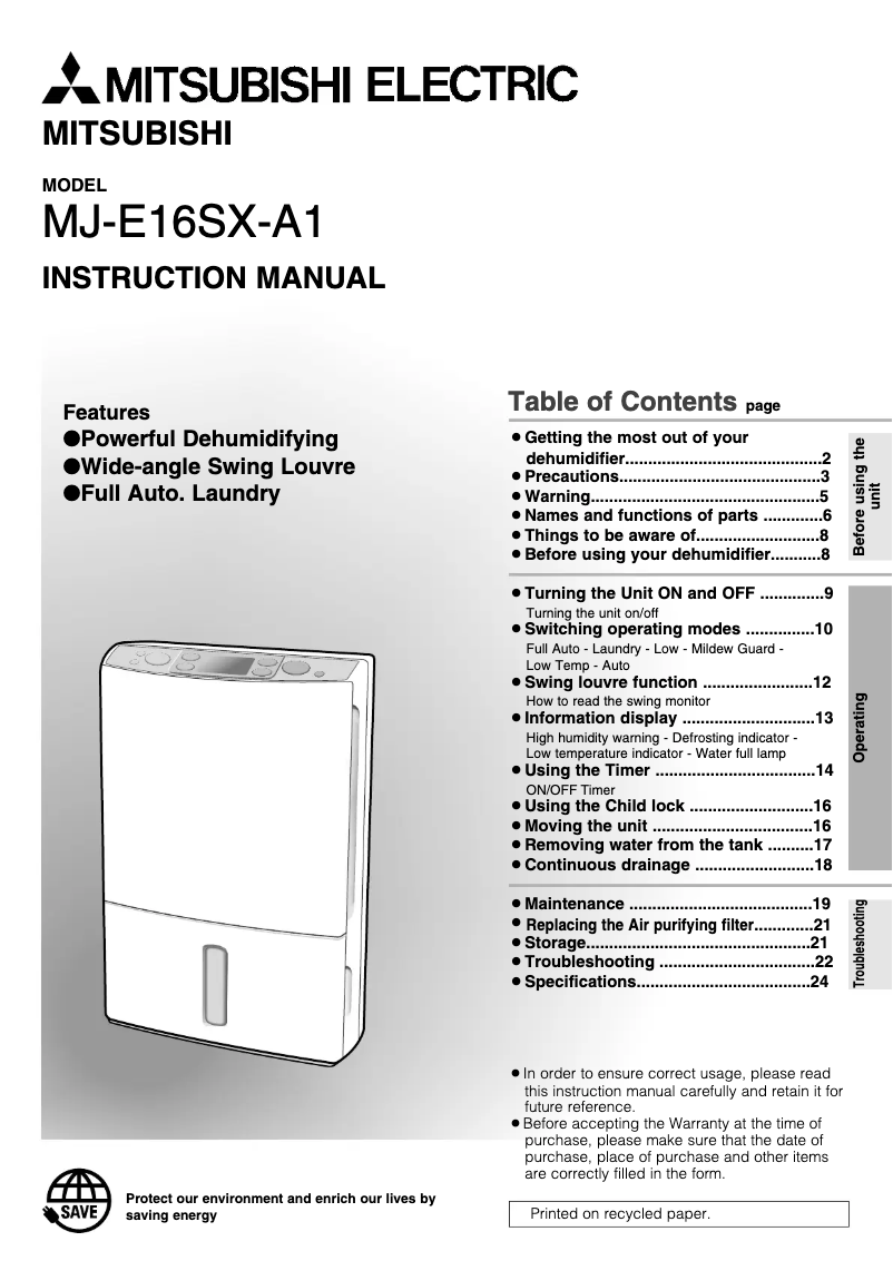 Page n°1 - Manuel utilisateur Mitsubishi MJ-E16SX-A1