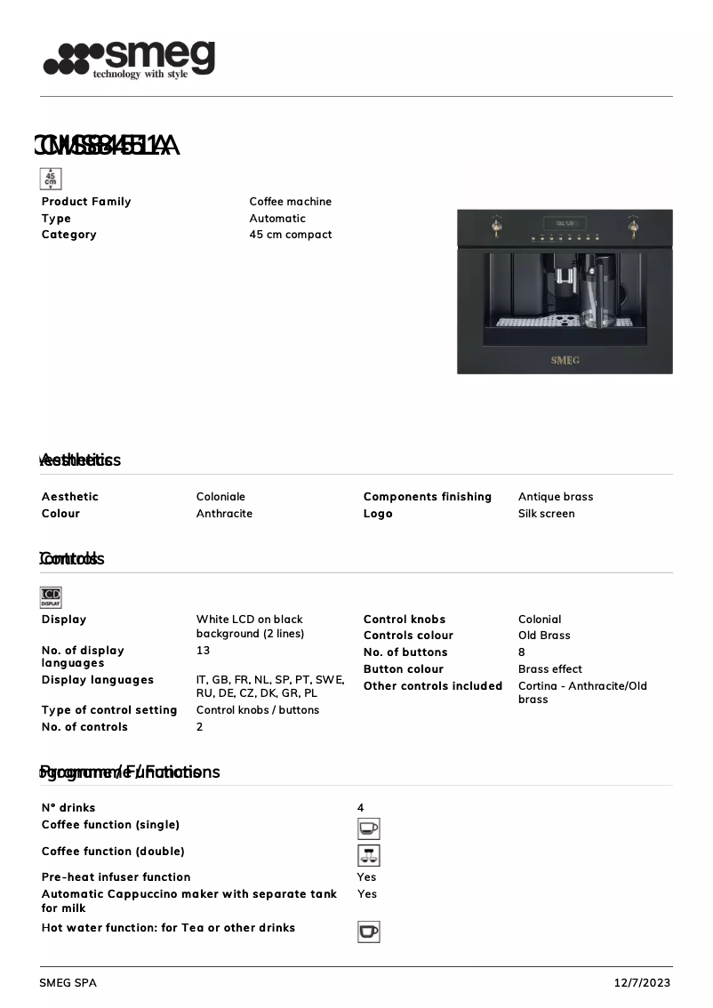 Page 1 de la notice Fiche technique Smeg CMS8451A