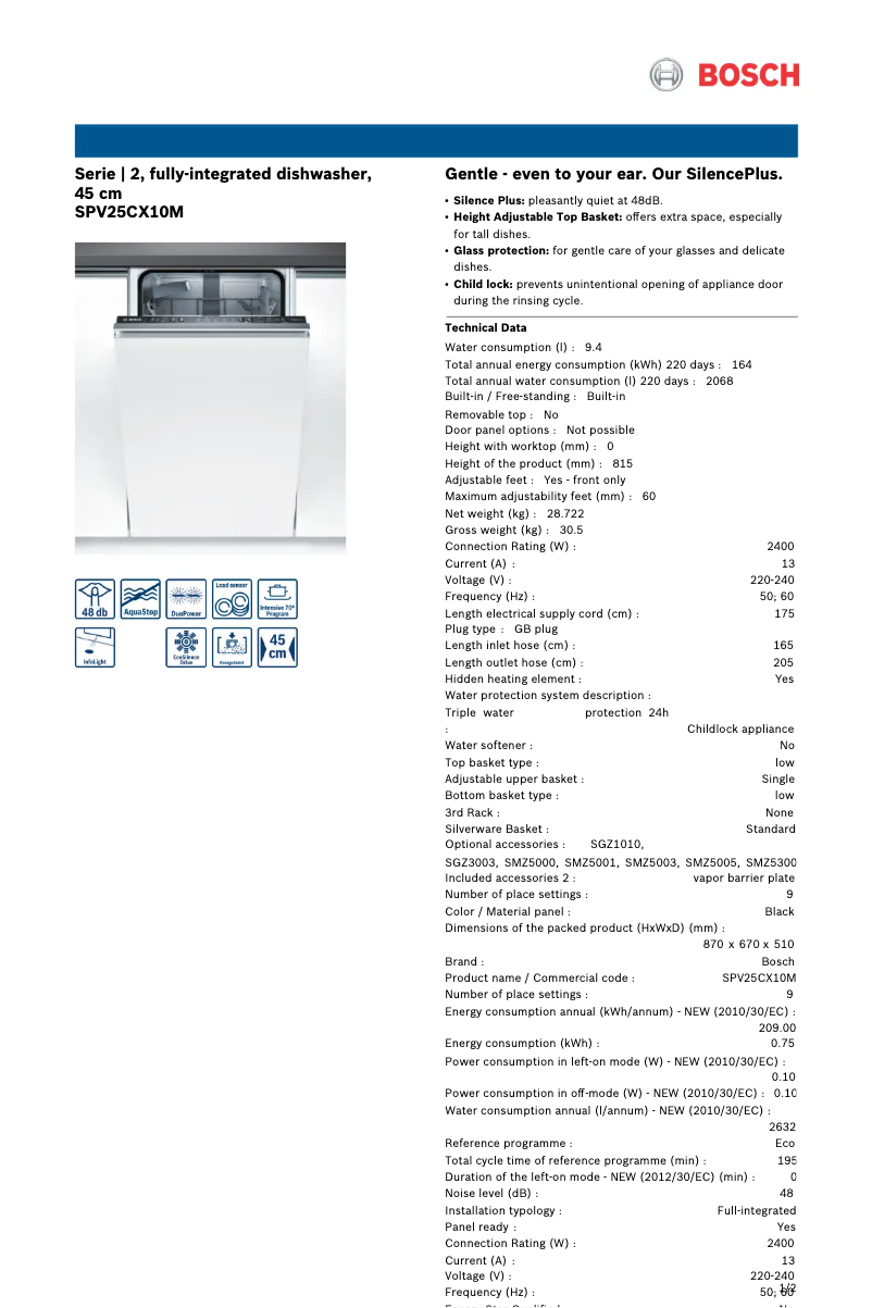 Page 1 of the manual Technical Sheet Bosch SPV25CX10M