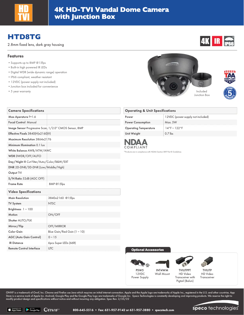 Página 1 del manual Ficha técnica Speco Technologies HTD8TG