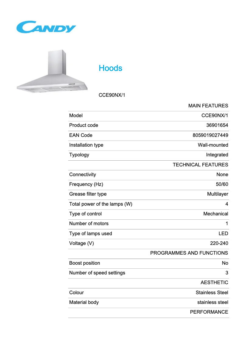 Page 1 de la notice Fiche technique Candy CCE90NX/1
