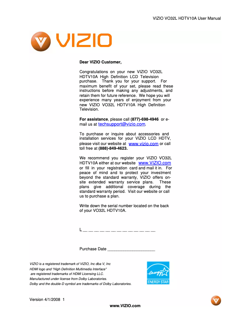 Page n°1 - Manuel utilisateur VIZIO VO32L