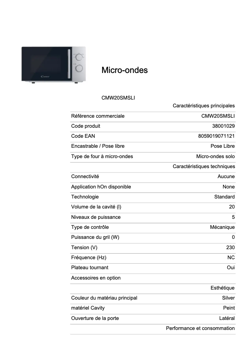 Page 1 de la notice Fiche technique Candy CMW20SMSLI