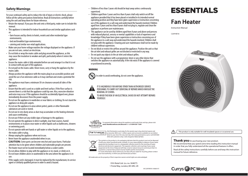 Page 1 de la notice Manuel utilisateur Currys Essentials C20FHW18