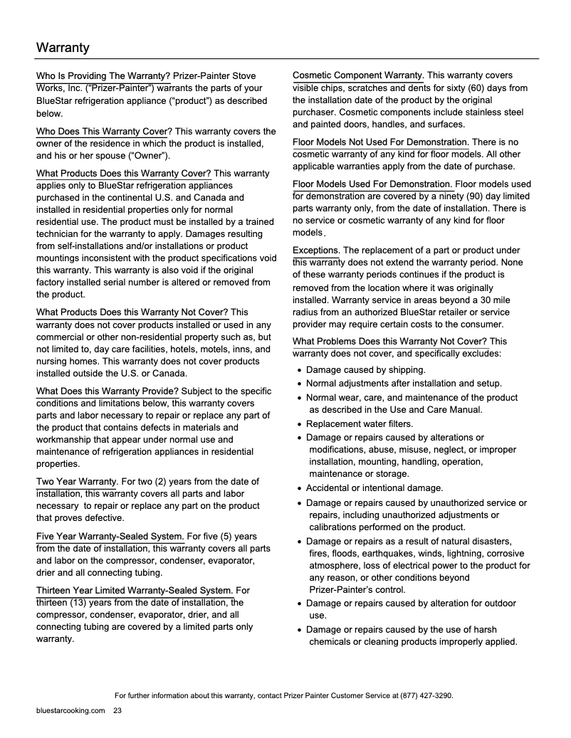 Page 1 de la notice Informations de garantie BlueStar BIF30R0