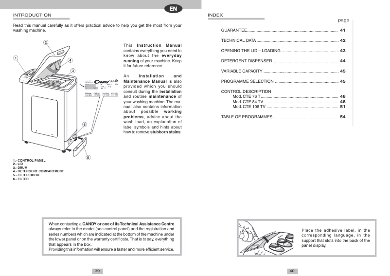 Page n°1 - Manuel utilisateur Candy CTE84