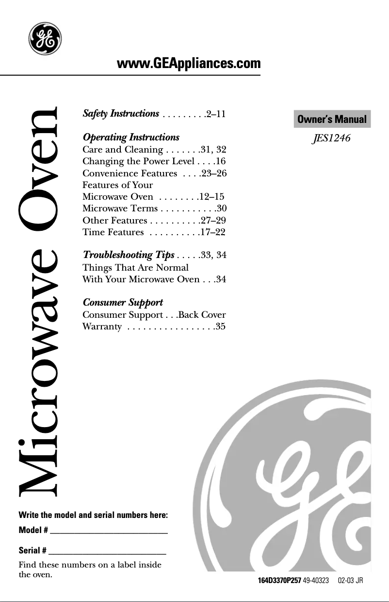 Página 1 del manual Manual de usuario GE JES1246WH