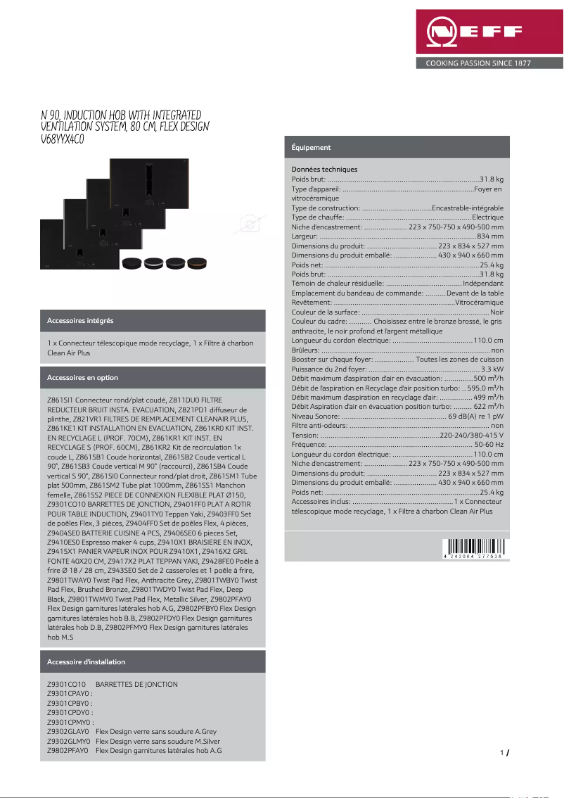 Page 1 de la notice Fiche technique Neff V68YYX4C0