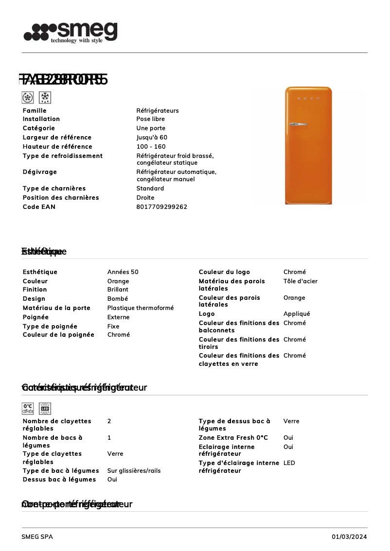 Page n°1 - Fiche technique Smeg FAB28ROR5