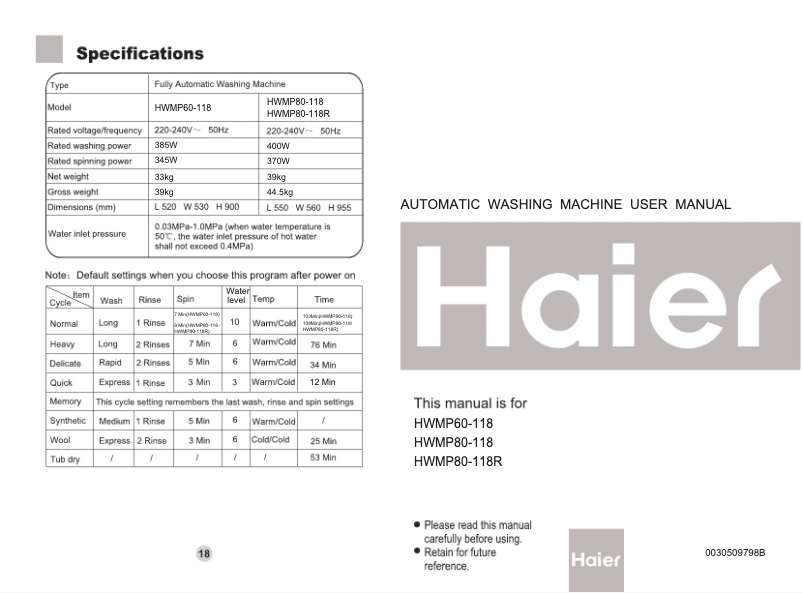 Page 1 de la notice Manuel utilisateur Haier HWM 80-118