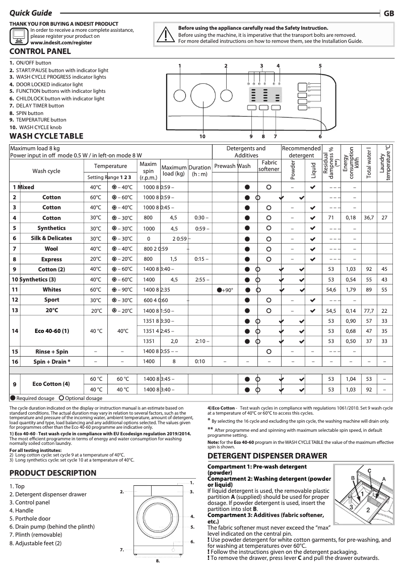 Page n°1 - Fiche technique Indesit MTWA 81483 S UK