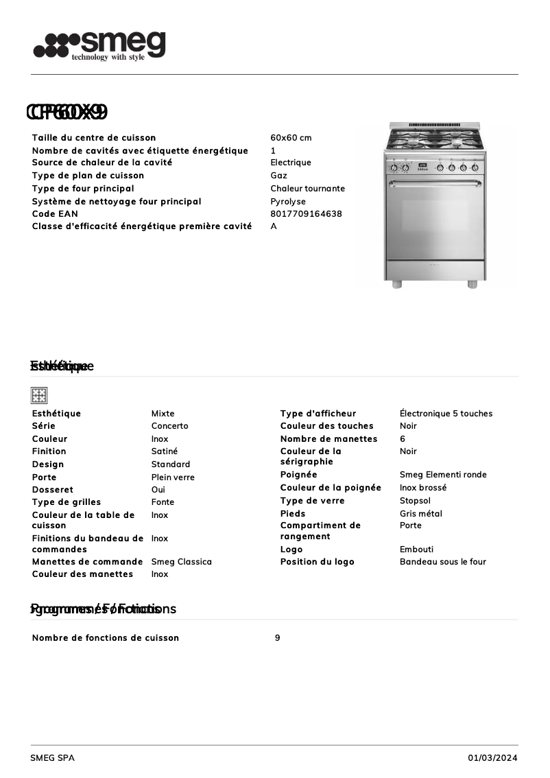 Page 1 de la notice Fiche technique Smeg CP60X9