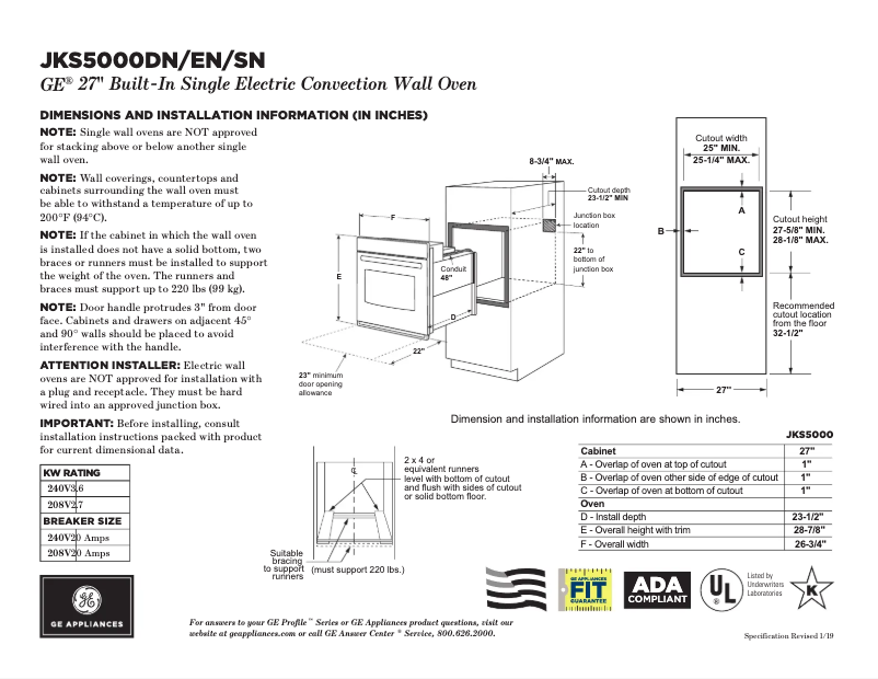Page 1 de la notice Fiche technique GE JKS5000DNWW