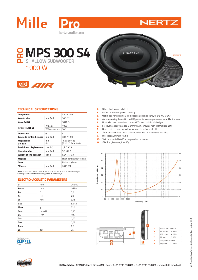 Page 1 de la notice Fiche technique Hertz Mille Pro MPS 300 S4