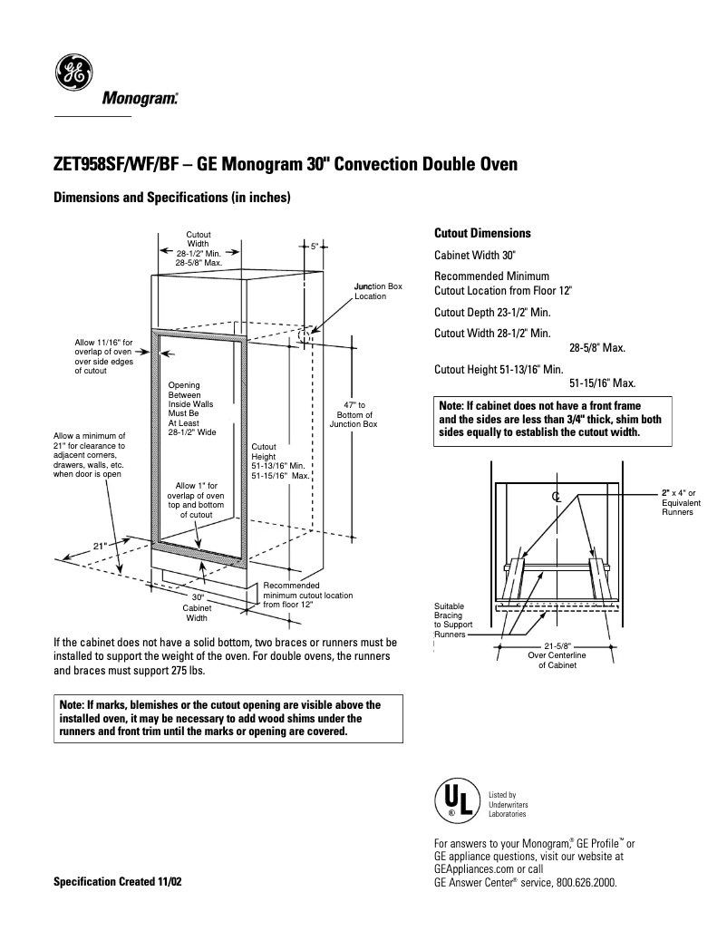Page 1 de la notice Fiche technique GE ZET958SFSS
