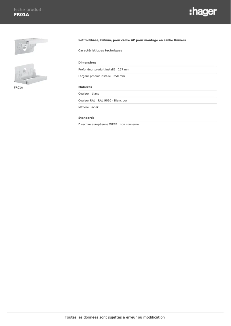 Page 1 de la notice Manuel utilisateur Hager FR01A